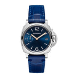 Panerai Luminor Due - 38mm-Panerai Piccolo Due - PAM01273 - Panerai Luminor Due in a 38mm stainless steel case with blue dial on quick release leather strap, featuring a small seconds, date and automatic movement with up to 3 days of power reserve.