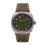 Panerai Radiomir California in a 45mm brunito e-steel case with green dial on leather strap, featuring a mechanical hand-wound movement with up to 8 days of power reserve.