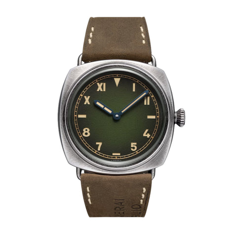 Panerai Radiomir California in a 45mm brunito e-steel case with green dial on leather strap, featuring a mechanical hand-wound movement with up to 8 days of power reserve.