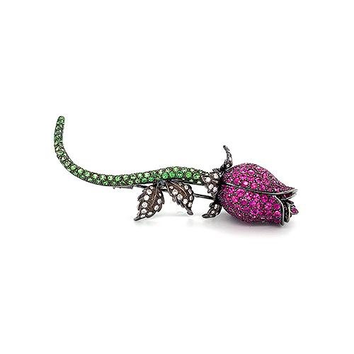 Pink Sapphire and Tsavorite Rose Brooch -