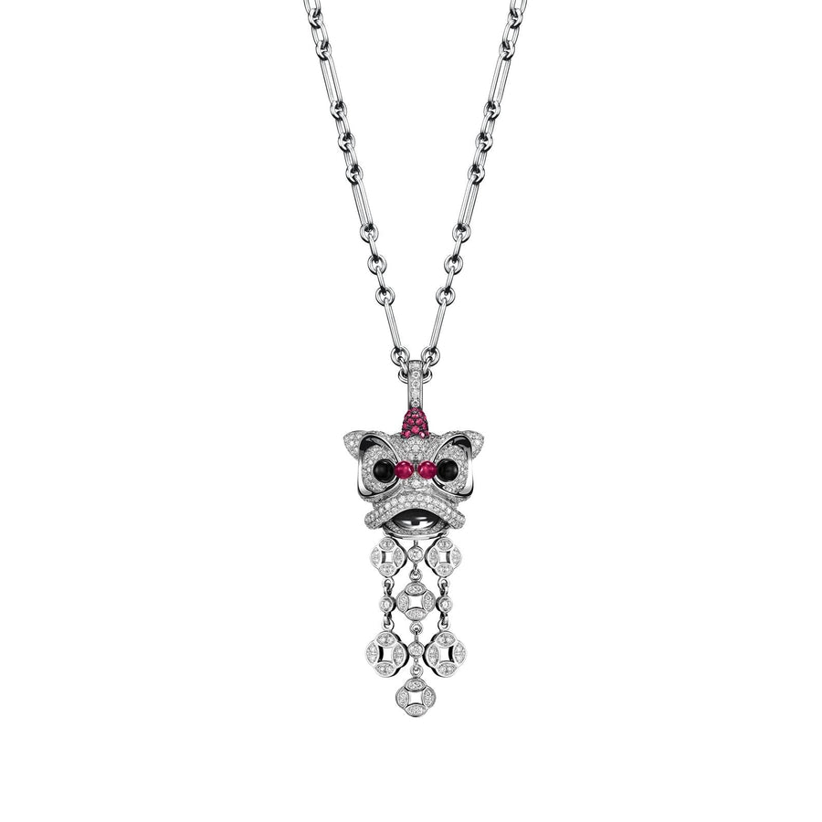 Qeelin Large Xi Xi Pendant - XX-010-FPPD-WGD - Large Xi Xi pendant in 18K white gold with pave diamonds, rubies and onyx.