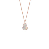 18 karat rose gold with mother-of-pearl and diamond wulu pendant on chain.
