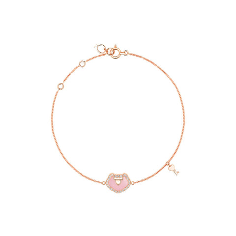 Petite Yu Yi Lock bracelet in 18K rose gold with diamonds and pink opal. Limited edition of 700 pieces.