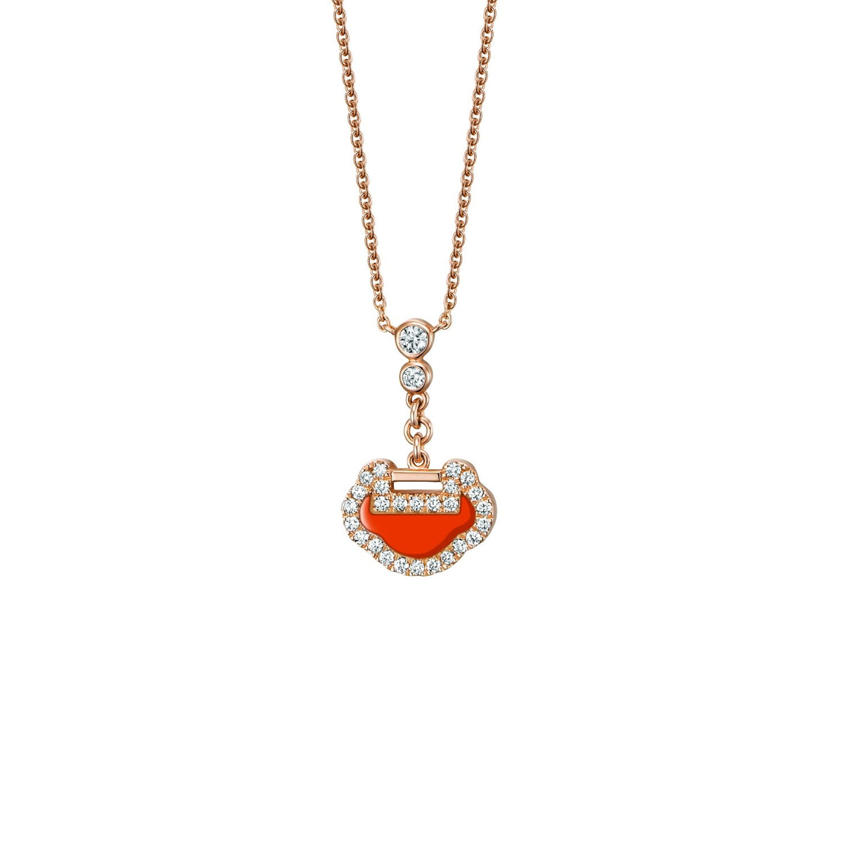 Qeelin Petite Yu Yi Necklace - 18 karat rose gold with red agate and diamond yu yi pendant on chain.