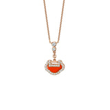 Qeelin Petite Yu Yi Necklace - 18 karat rose gold with red agate and diamond yu yi pendant on chain.