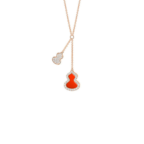 Qeelin Petite Wulu Necklace-18 karat rose gold with one red agate and diamond wulu pendant and one pave diamond wulu pendant necklace.