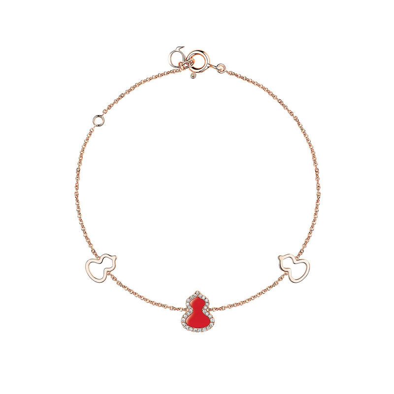 Qeelin Wulu Bracelet-Qeelin Wulu Bracelet - 18 karat rose gold with one red agate and diamond wulu in the center and two gold wulu on each side.