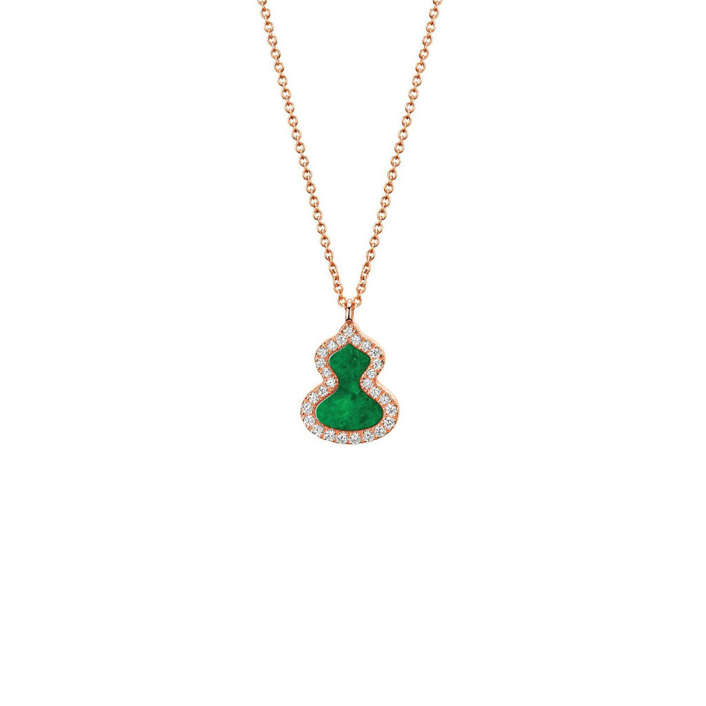 18 karat rose gold with jade and diamonds wulu pendant with chain.