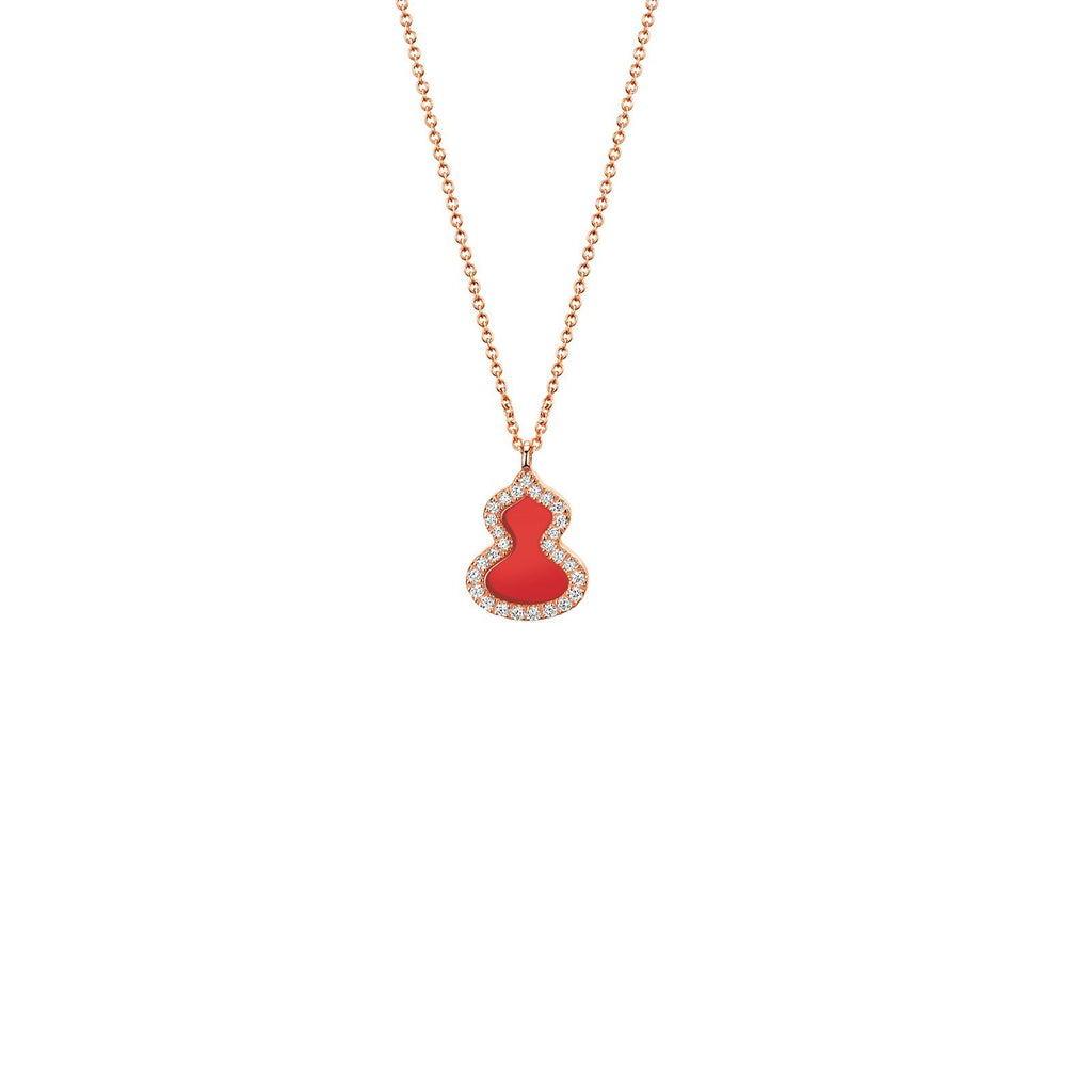 Qeelin Wulu Petite Necklace - 18 karat rose gold with red agate and diamonds wulu pendant on chain.