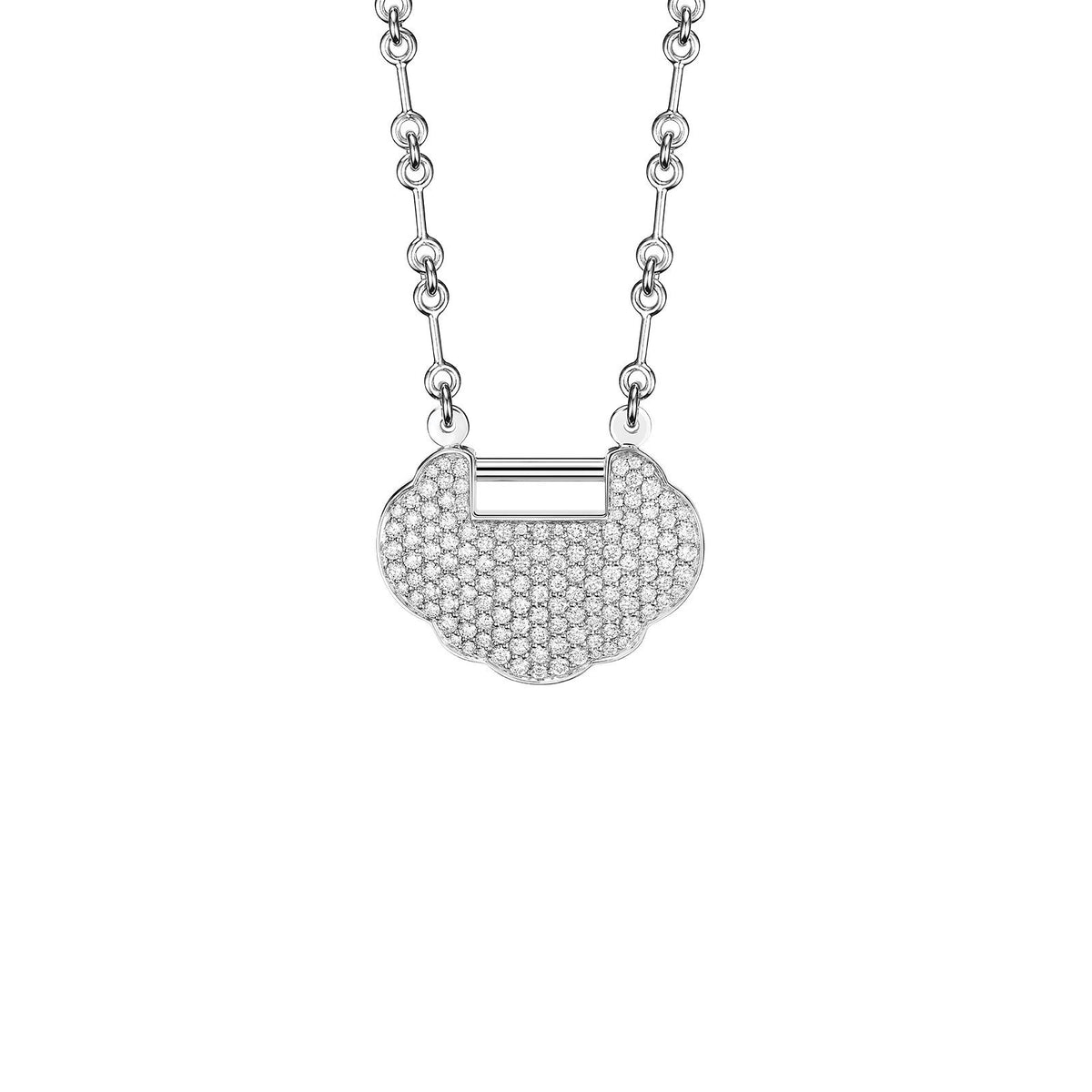 Qeelin Yu Yi Medium Necklace in 18 karat white gold with pave diamonds.