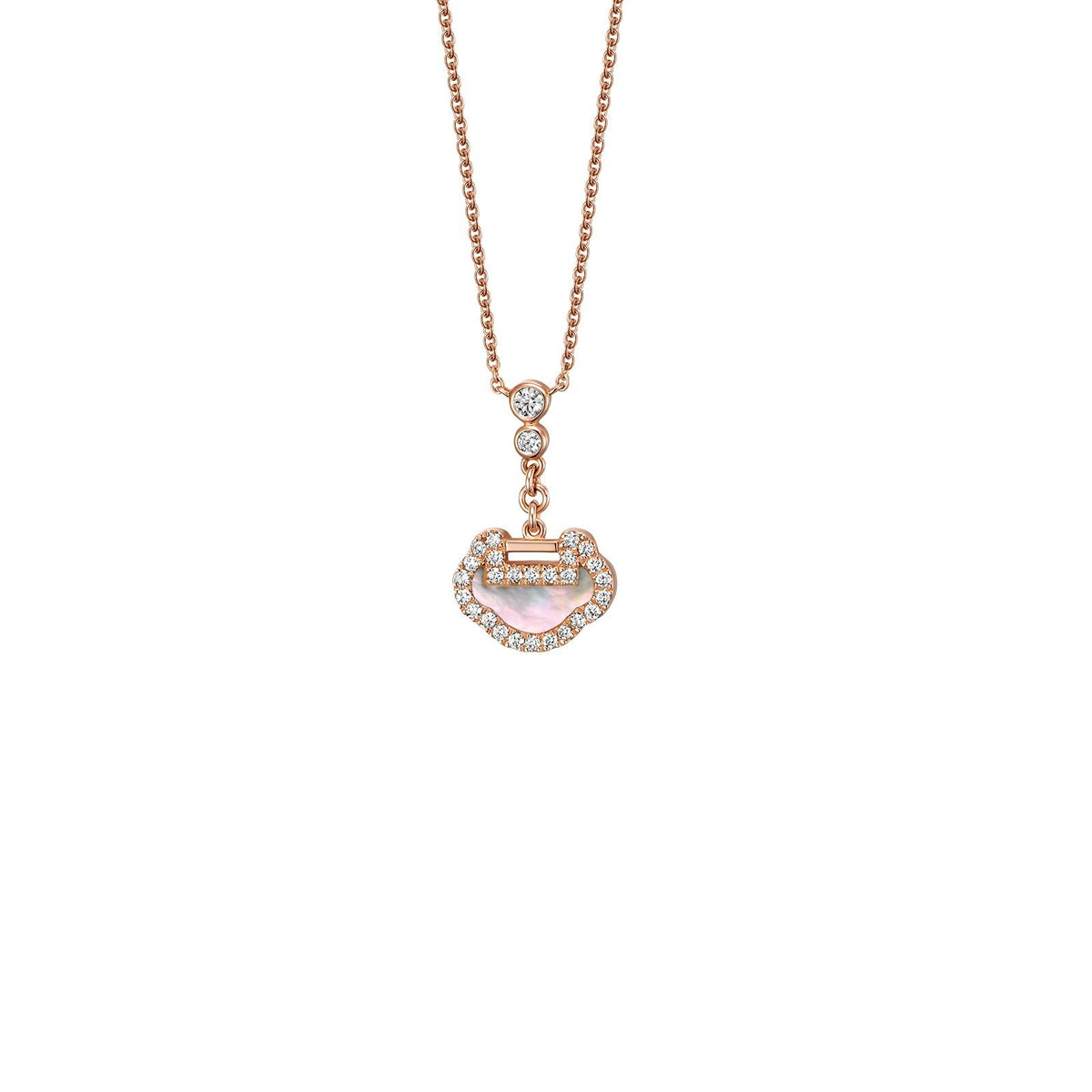 Qeelin Yu Yi Petite Necklace - 18 karat rose gold mother-of-pearl and diamond yu yi pendant on chain.
