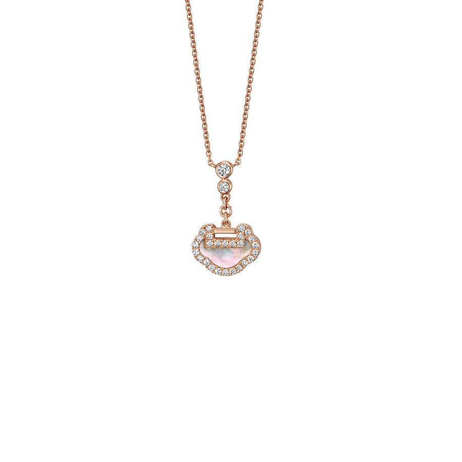 Qeelin Yu Yi Petite Necklace - 18 karat rose gold mother-of-pearl and diamond yu yi pendant on chain.