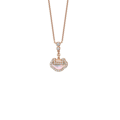 Qeelin Yu Yi Petite Necklace - 18 karat rose gold mother-of-pearl and diamond yu yi pendant on chain.