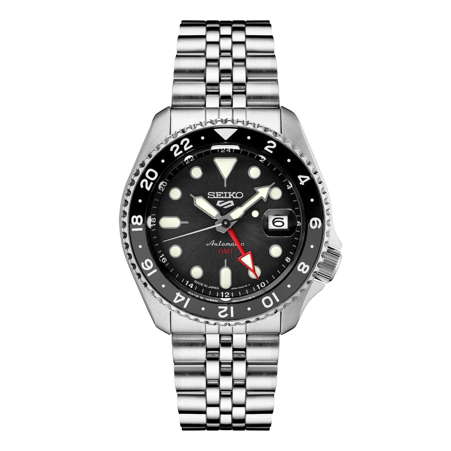 Seiko 5 Sports SKX Sports Style GMT Series SSK001 in a 42mm stainless steel case with black dial on stainless steel bracelet, featuring a date display, GMT function, and automatic movement with up to 41 hours of power reserve.
