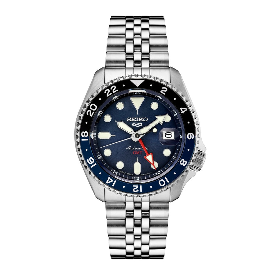 Seiko 5 Sports SKX Sports Style GMT Series SSK003 in a 42mm stainless steel case with blue dial on stainless steel bracelet, featuring a date display, GMT function and automatic movement with up to 41 hours of power reserve.