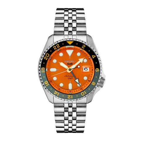 Seiko 5 Sports SKX Sports Style GMT Series SSK005-Seiko 5 Sports SSK005 - Seiko 5 Sports SKX Sports Style GMT Series SSK005 in a 42.5mm stainless steel case with orange dial on stainless steel bracelet, featuring a GMT function, date display and automatic movement with up to 42 hours of power reserve.