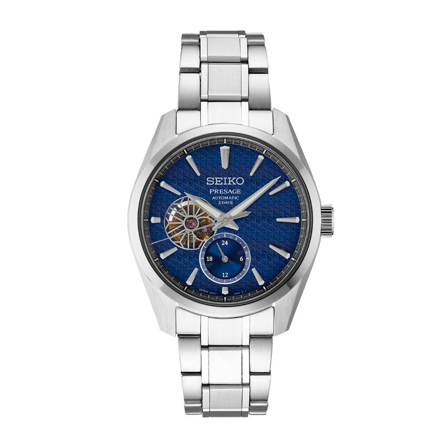 Seiko Presage Sharp Edged Series SPB417 in a 40mm stainless steel case with blue dial on stainless steel bracelet, featuring a 24-hour display, and open aperture with leaf motif design, and automatic movement with up to 72 hours of power reserve.