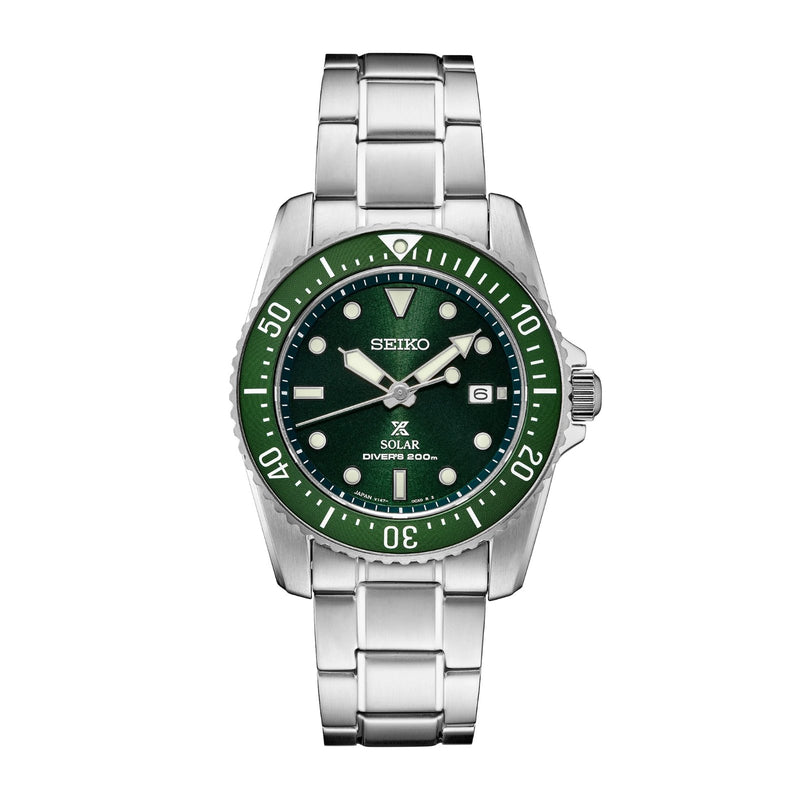 Prospex Solar Diver SNE583-Prospex Solar Diver in a 38.5 stainless steel case with green dial on stainless steel bracelet, featuring a date display with solar movement.