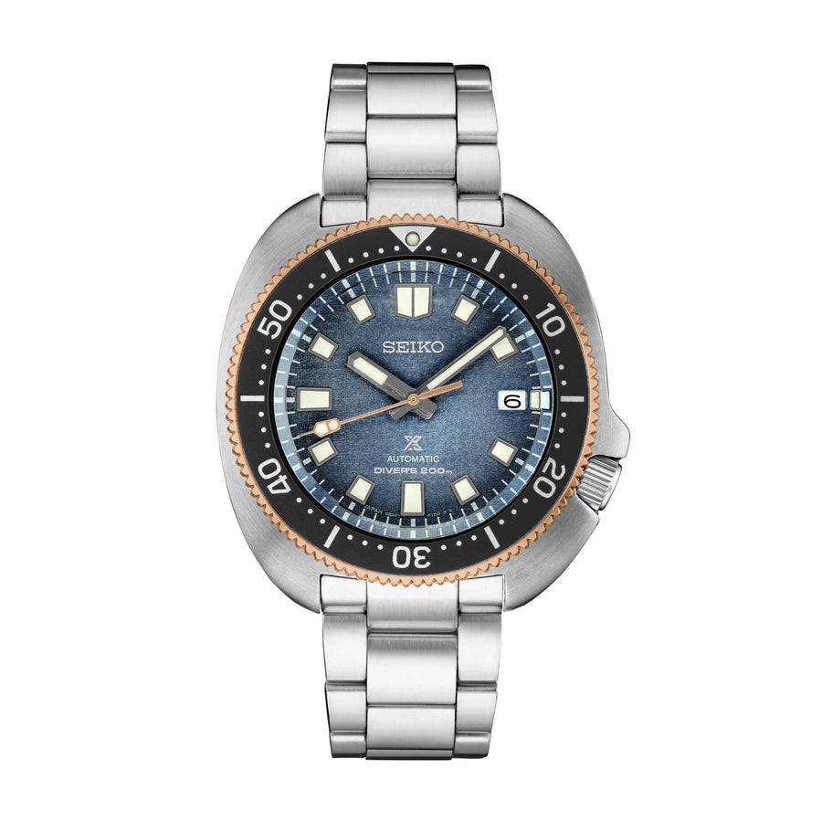 Seiko Prospex 1970 Heritage Diver's Watch SPB288 in a 42.7mm stainless steel case with blue dial on stainless steel bracelet, featuring a date display and automatic movement with up to 70 hours of power reserve.