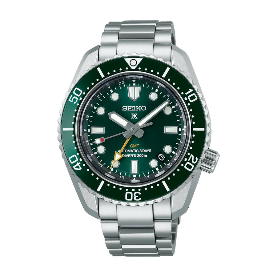 Seiko Prospex 1968 Heritage Diver's GMT SPB381 in a 42mm stainless steel case with green dial on stainless steel bracelet, featuring a date display and automatic movement with up to 72 hours of power reserve.
