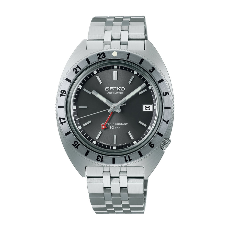 Seiko Prospex Land Mechanical GMT Limited Edition in a 38mm stainless steel case with grey dial on stainless steel bracelet, featuring a GMT function, date display and automatic movement with up to 72 hours of power reserve.