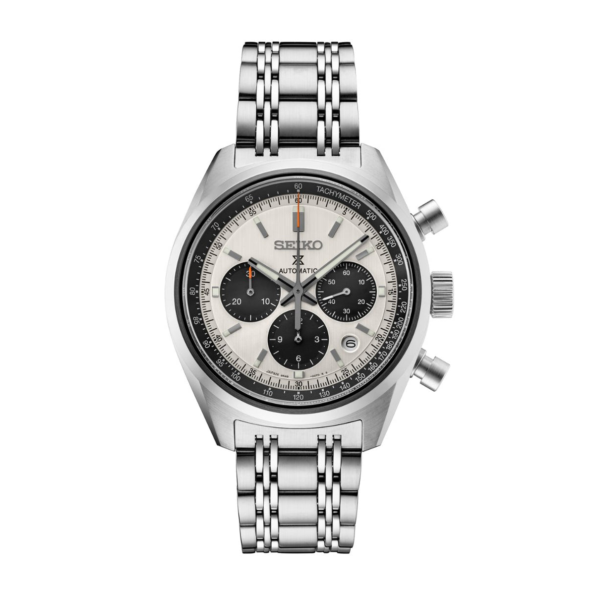 Seiko Prospex Speedtimer Mechanical Chronograph SRQ047 in a 42mm stainless steel case with silver dial on stainless steel bracelet, featuring a chronograph function, date display, and automatic movement with up to 45 hours of power reserve.