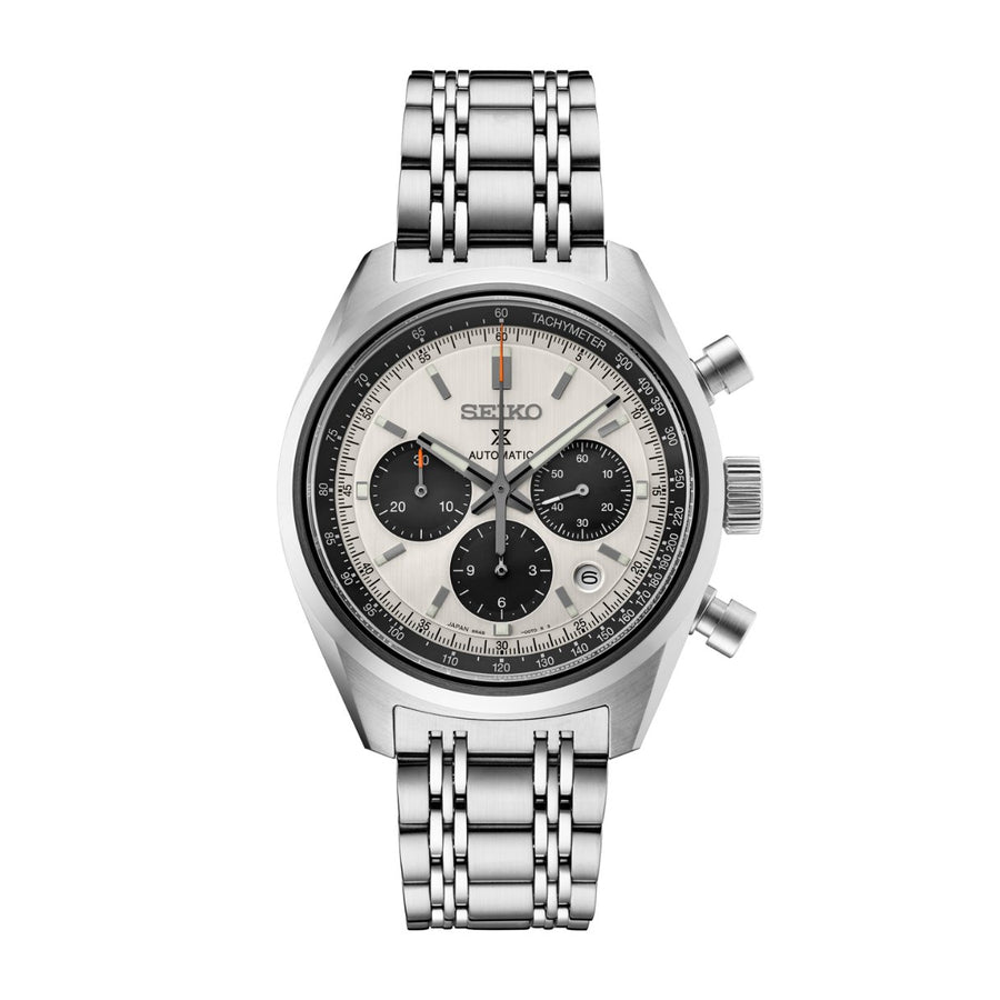 Seiko Prospex Speedtimer Mechanical Chronograph SRQ047 in a 42mm stainless steel case with silver dial on stainless steel bracelet, featuring a chronograph function, date display, and automatic movement with up to 45 hours of power reserve.