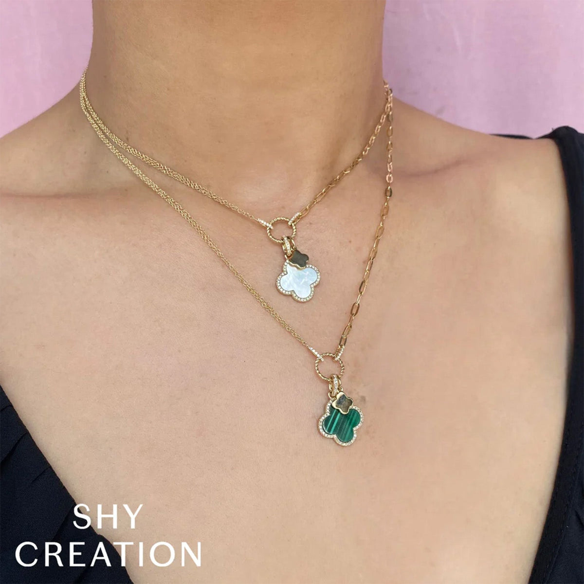 Shy Creation Diamond and Malachite Clover Paper Clip Necklace - SC55023332V2 - Shy Creation Diamond and Malachite Clover Paper Clip Necklace in 14 karat yellow gold with diamonds totaling 0.17 carats.