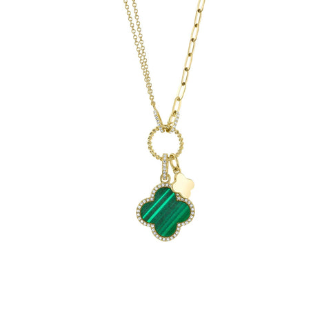 Shy Creation Diamond and Malachite Clover Paper Clip Necklace - SC55023332V2
