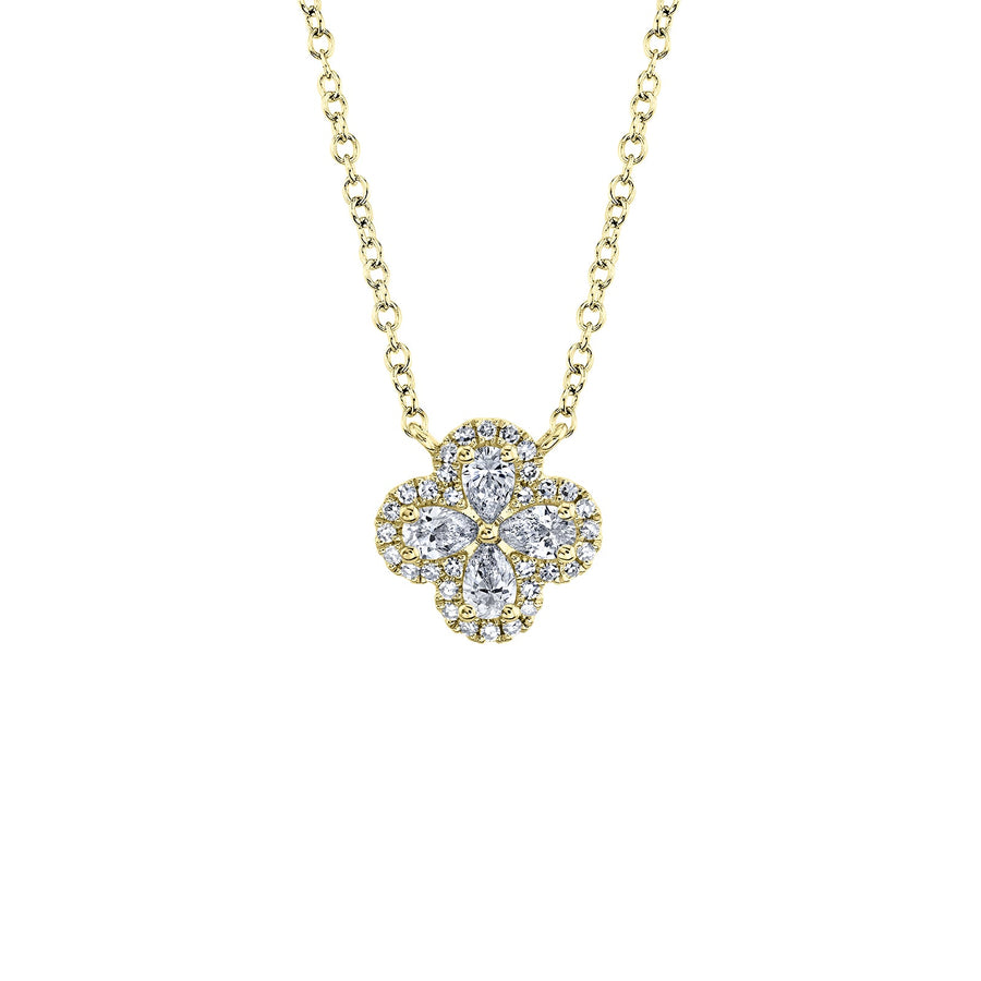Shy Creation Diamond Clover Necklace in 14 karat yellow gold with diamonds totaling 0.41 carats.