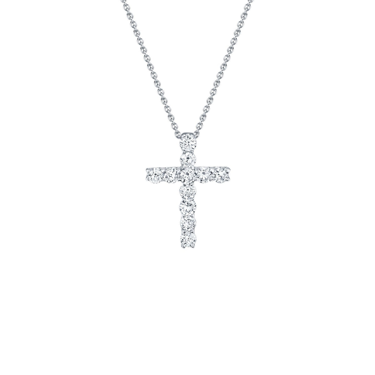 Shy Creation Diamond Cross Necklace in 14 karat white gold with diamonds totaling 0.32 carats.