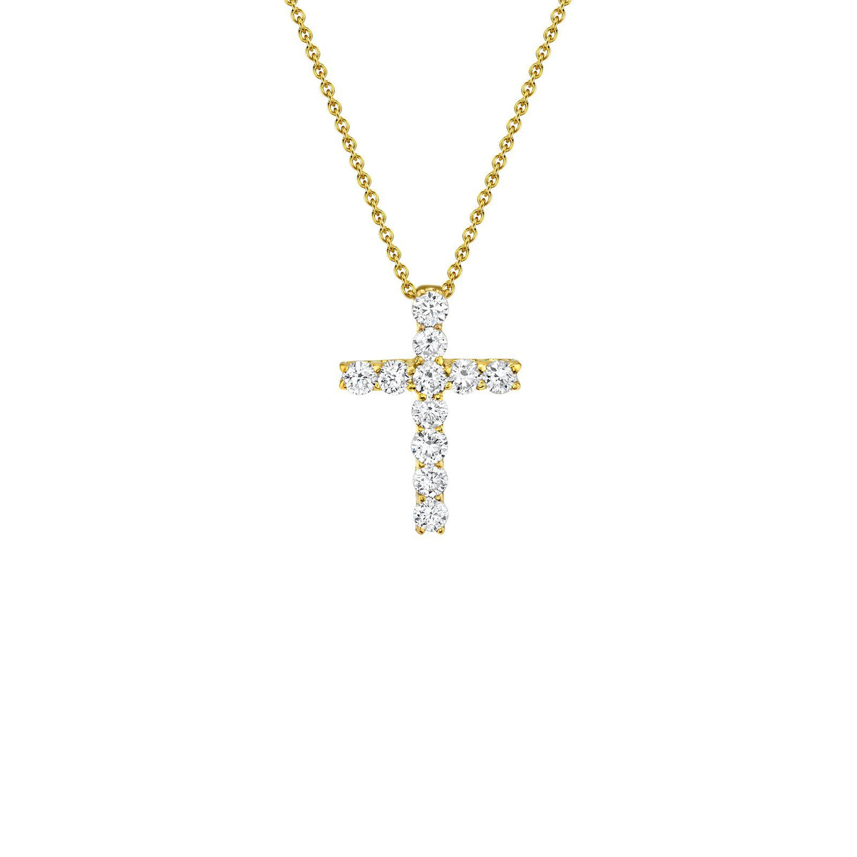 Shy Creation Diamond Cross Necklace in 14 karat yellow gold with diamonds totaling 0.32 carats.