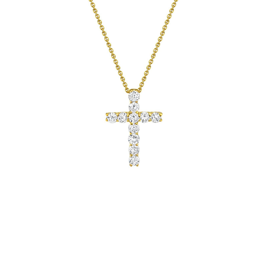 Shy Creation Diamond Cross Necklace in 14 karat yellow gold with diamonds totaling 0.32 carats.