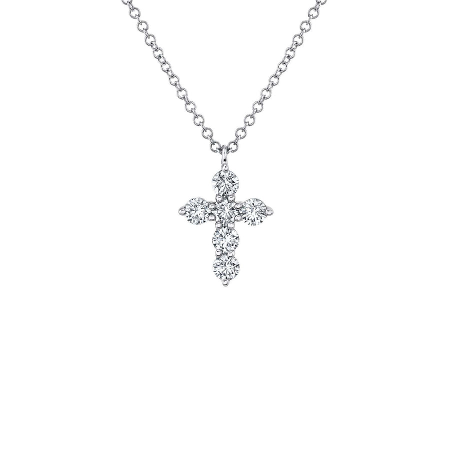 Shy Creation Diamond Cross Necklace in 14 karat white gold with diamonds totaling 0.17 carats.