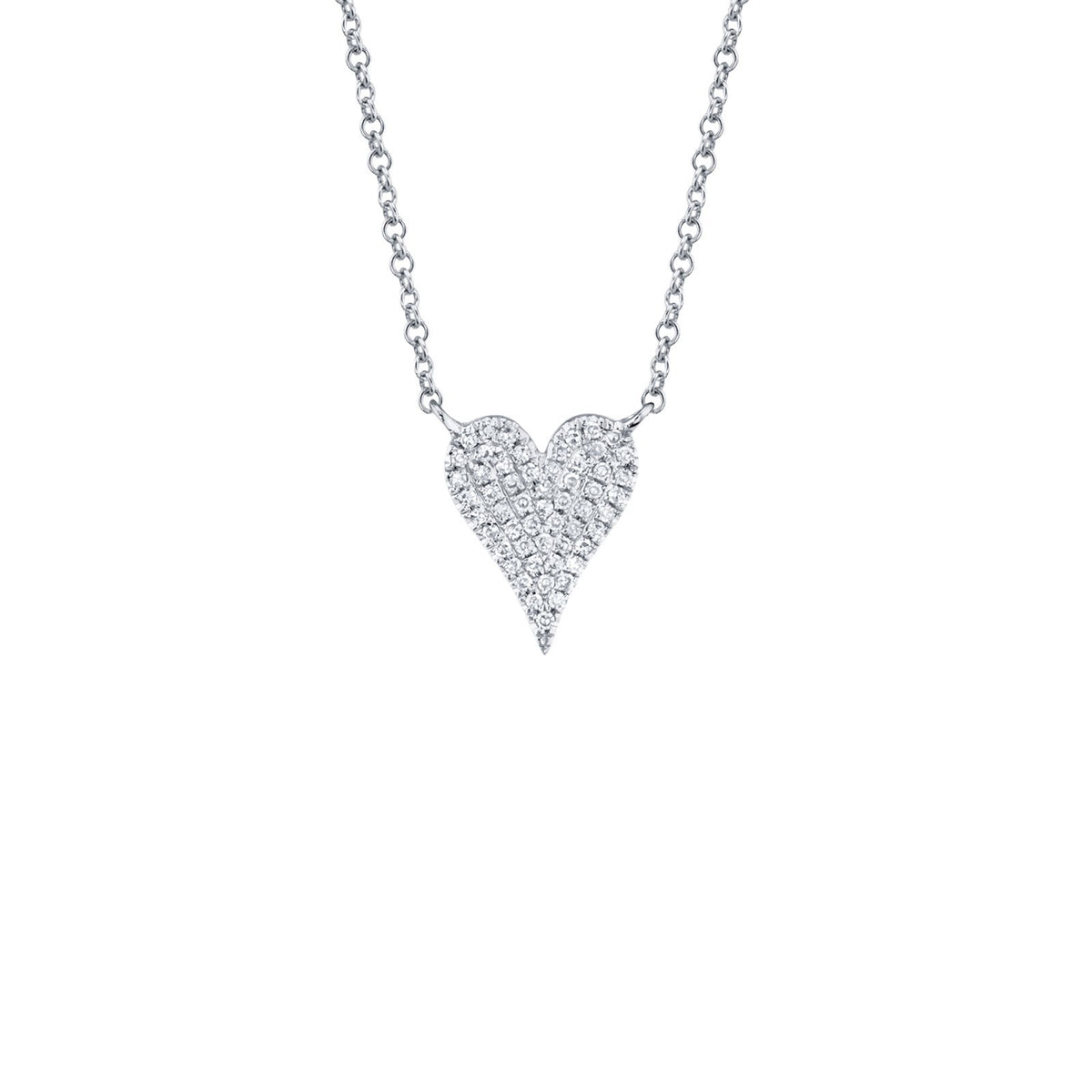 Shy Creation Diamond Heart Necklace in 14 karat white gold with pave diamonds.