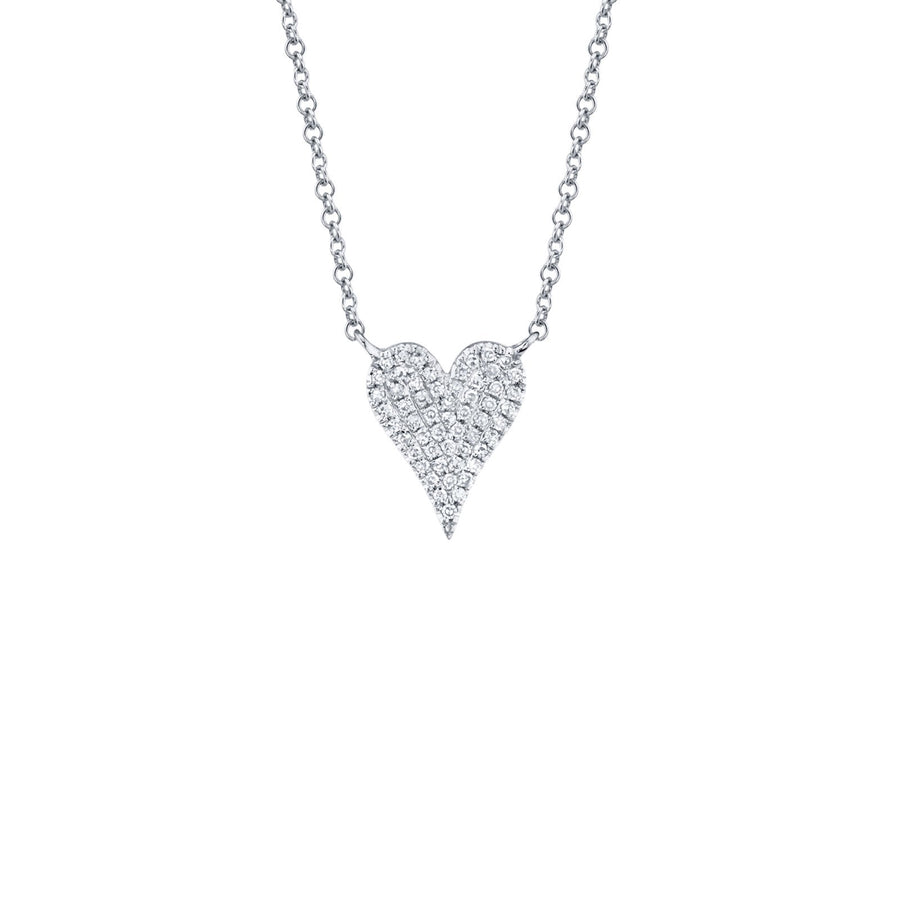 Shy Creation Diamond Heart Necklace in 14 karat white gold with pave diamonds.