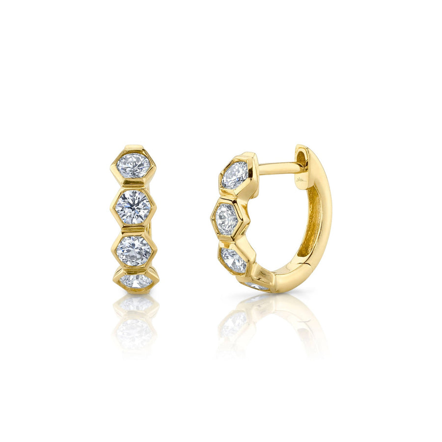 Shy Creation Diamond Hexagon Huggie Earrings in 14 karat yellow gold with diamonds.