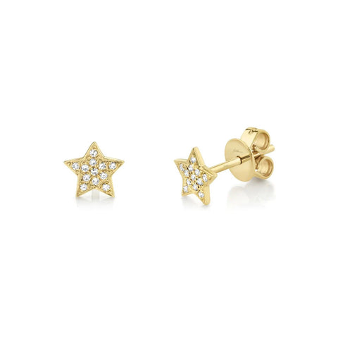 Shy Creation Diamond Star Stud Earrings in 14 karat yellow gold with pave diamonds.
