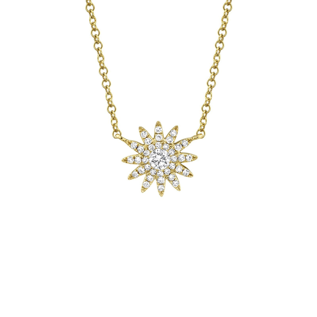 Shy Creation Diamond Starburst Necklace in 14 karat yelow gold with diamonds.