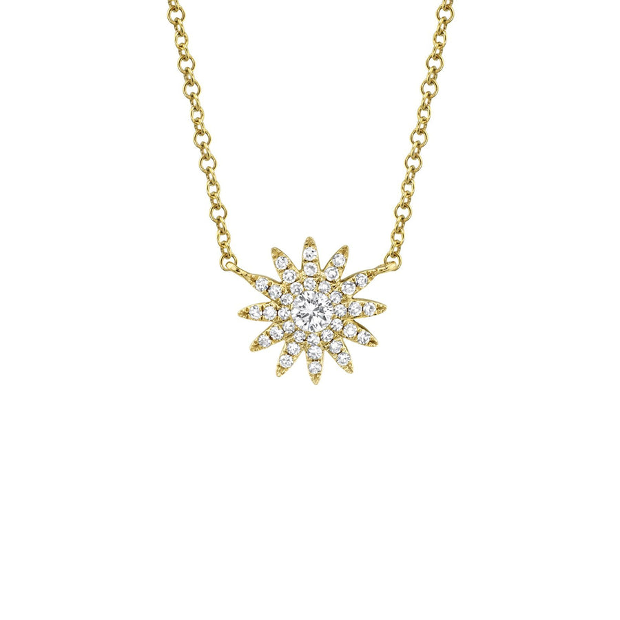 Shy Creation Diamond Starburst Necklace in 14 karat yelow gold with diamonds.