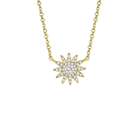 Shy Creation Diamond Starburst Necklace in 14 karat yelow gold with diamonds.