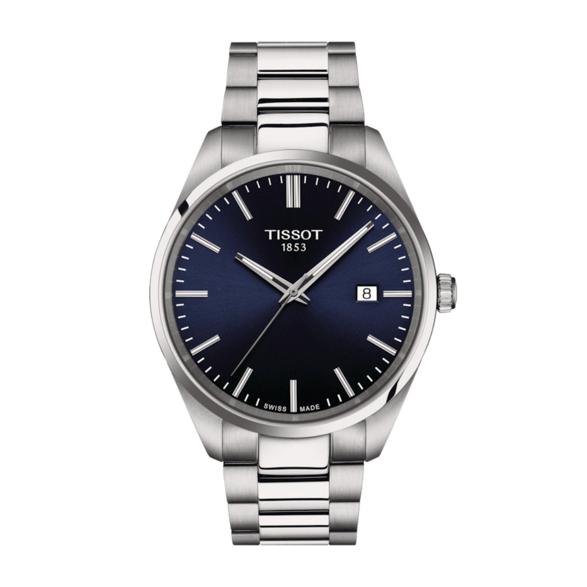 Tissot PR 100 - T150.410.11.041.00 - Tissot PR 100 in a 40mm stainless steel case with blue dial on stainless steel bracelet, featuring a date display and quartz movement.