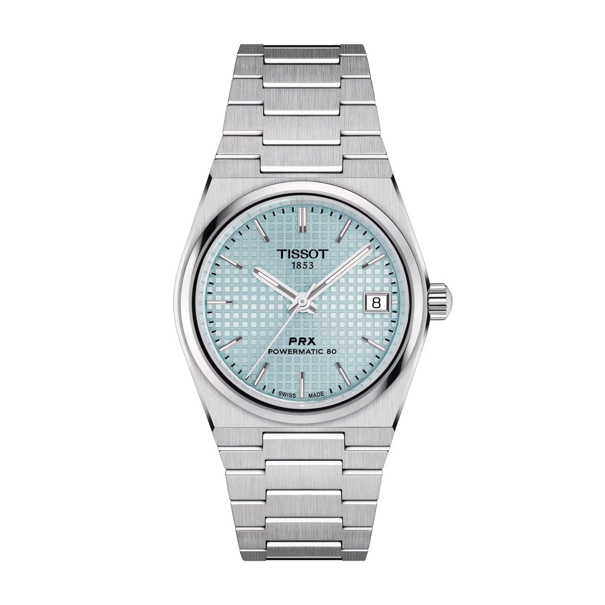 Tissot PRX Powermatic 80 35mm - T137.207.11.351.00 - Tissot PRX Powermatic 80 in a 35mm stainless steel case with ice blue dial on stainless steel bracelet, featuring a date display and automatic movement with up to 80 hours power reserve.