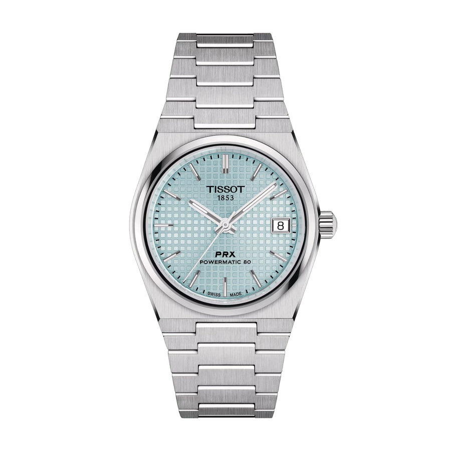 Tissot PRX Powermatic 80 35mm - T137.207.11.351.00 - Tissot PRX Powermatic 80 in a 35mm stainless steel case with ice blue dial on stainless steel bracelet, featuring a date display and automatic movement with up to 80 hours power reserve.