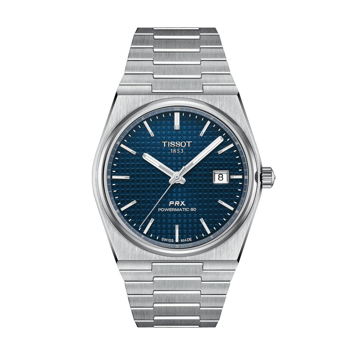 Tissot PRX Powermatic 80 - T137.407.11.041.00 - Tissot PRX Powermatic 80 in a 40mm stainless steel case with blue dial on stainless steel bracelet, featuring a date display and automatic movement with approximately 80 hours power reserve.
