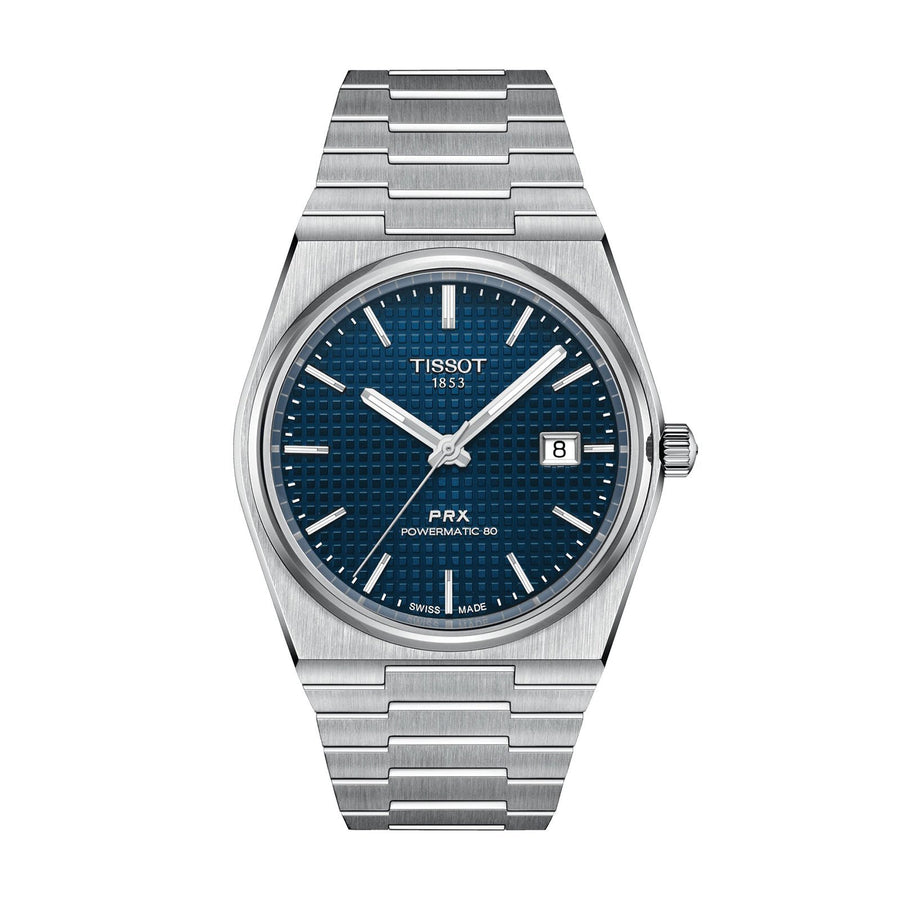 Tissot PRX Powermatic 80 - T137.407.11.041.00 - Tissot PRX Powermatic 80 in a 40mm stainless steel case with blue dial on stainless steel bracelet, featuring a date display and automatic movement with approximately 80 hours power reserve.