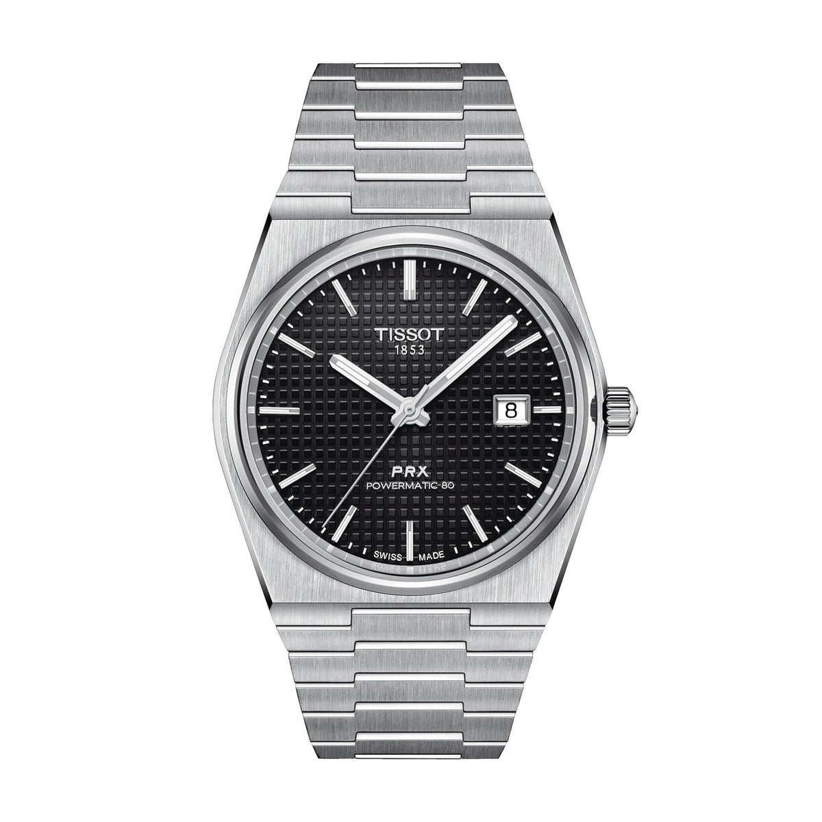 Tissot PRX Powermatic 80 - T137.407.11.051.00 - Tissot PRX Powermatic 80 in a 40mm stainless steel case with black dial on stainless steel bracelet, featuring a date display and automatic movement with approximately 80 hours power reserve.