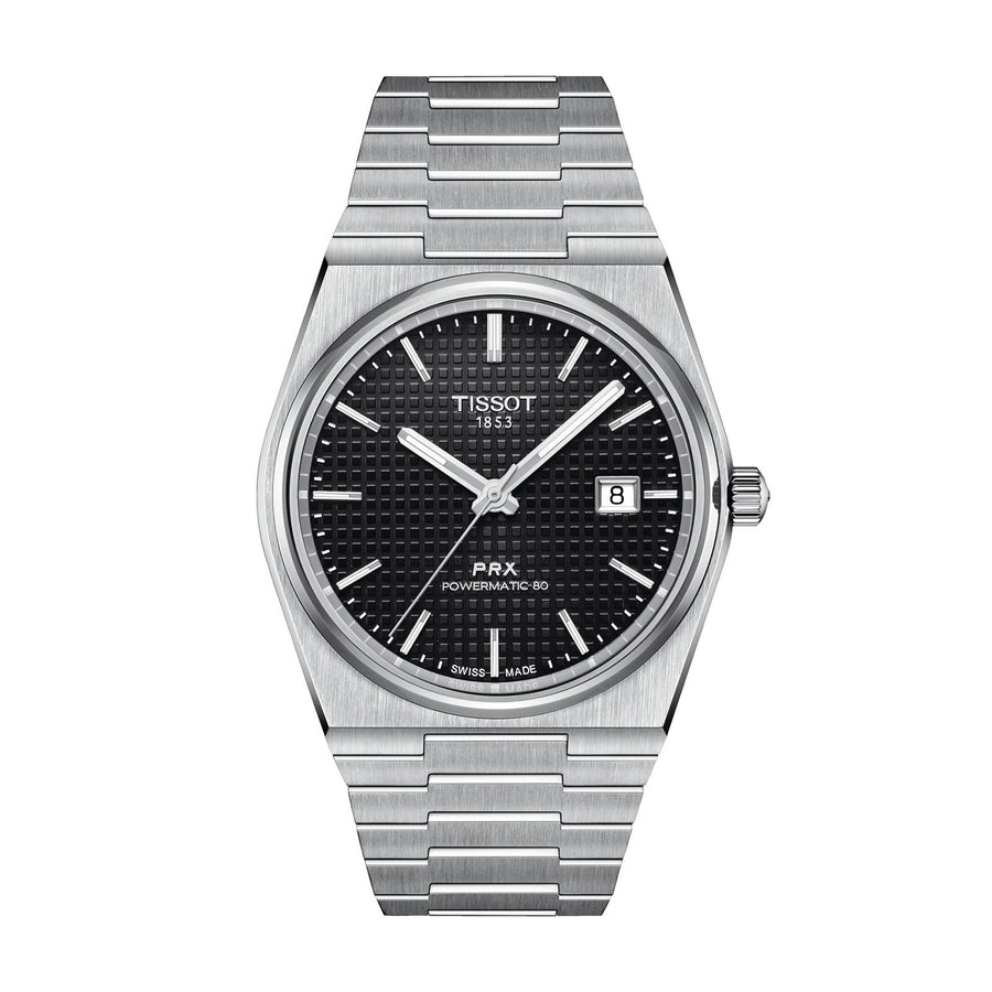 Tissot PRX Powermatic 80 - T137.407.11.051.00 - Tissot PRX Powermatic 80 in a 40mm stainless steel case with black dial on stainless steel bracelet, featuring a date display and automatic movement with approximately 80 hours power reserve.