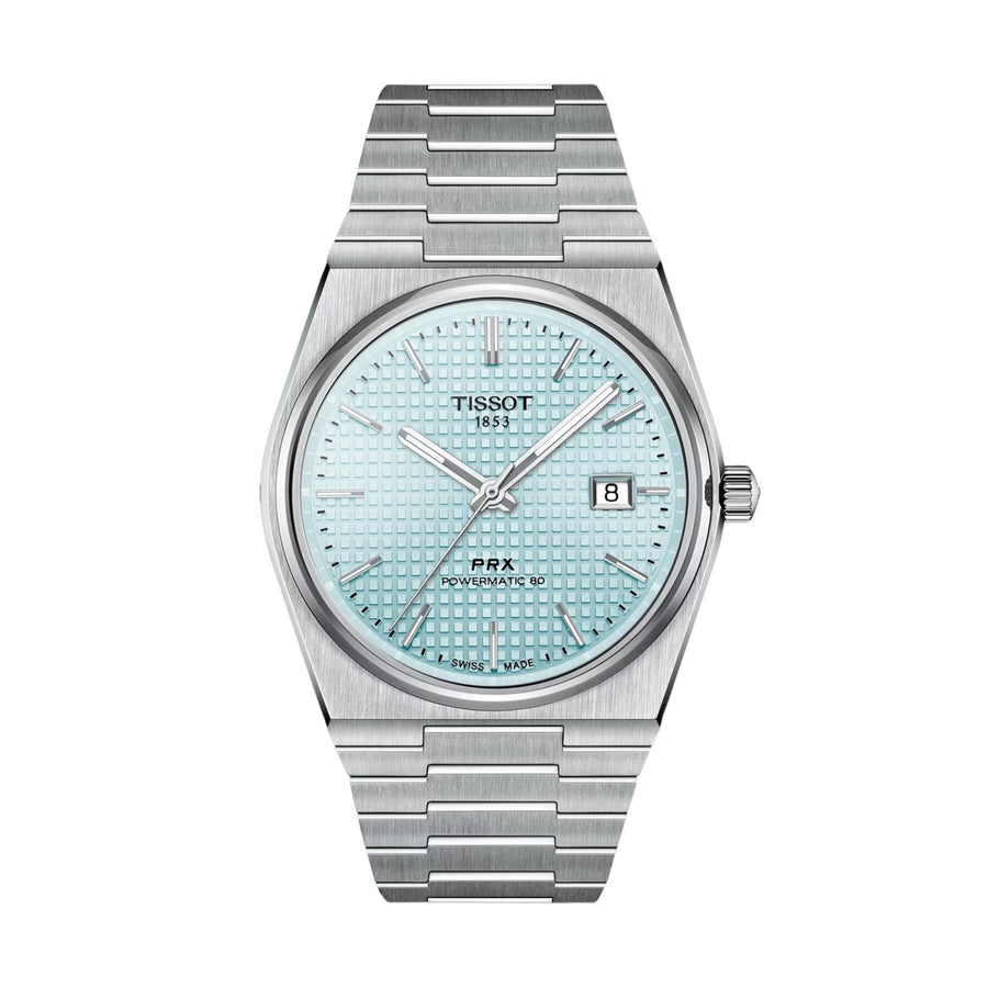 Tissot PRX Powermatic 80 - T137.407.11.351.00 - Tissot PRX Powermatic 80 in a 40mm stainless steel case with light blue dial on stainless steel bracelet, featuring a date display and automatic movement with up to 80 hours of power reserve.