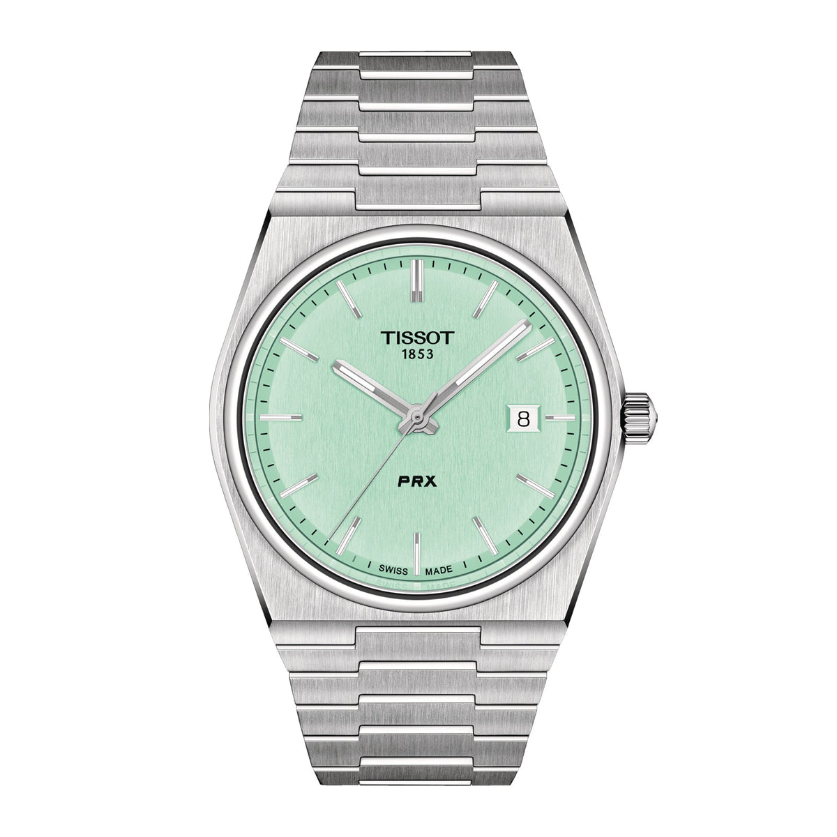 Tissot PRX - T137.410.11.091.01 - Tissot PRX in a 40mm stainless steel case with mint green dial on stainless steel bracelet, featuring a date display and quartz movement.